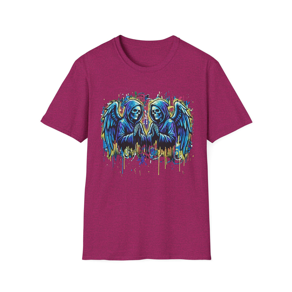 Praying Grim Reaper Graphic Tee | Colorful Paint Drip Twin Skulls T-Shirt | Gothic Graffiti Streetwear | Dark Aesthetic Angel Wings Shirt