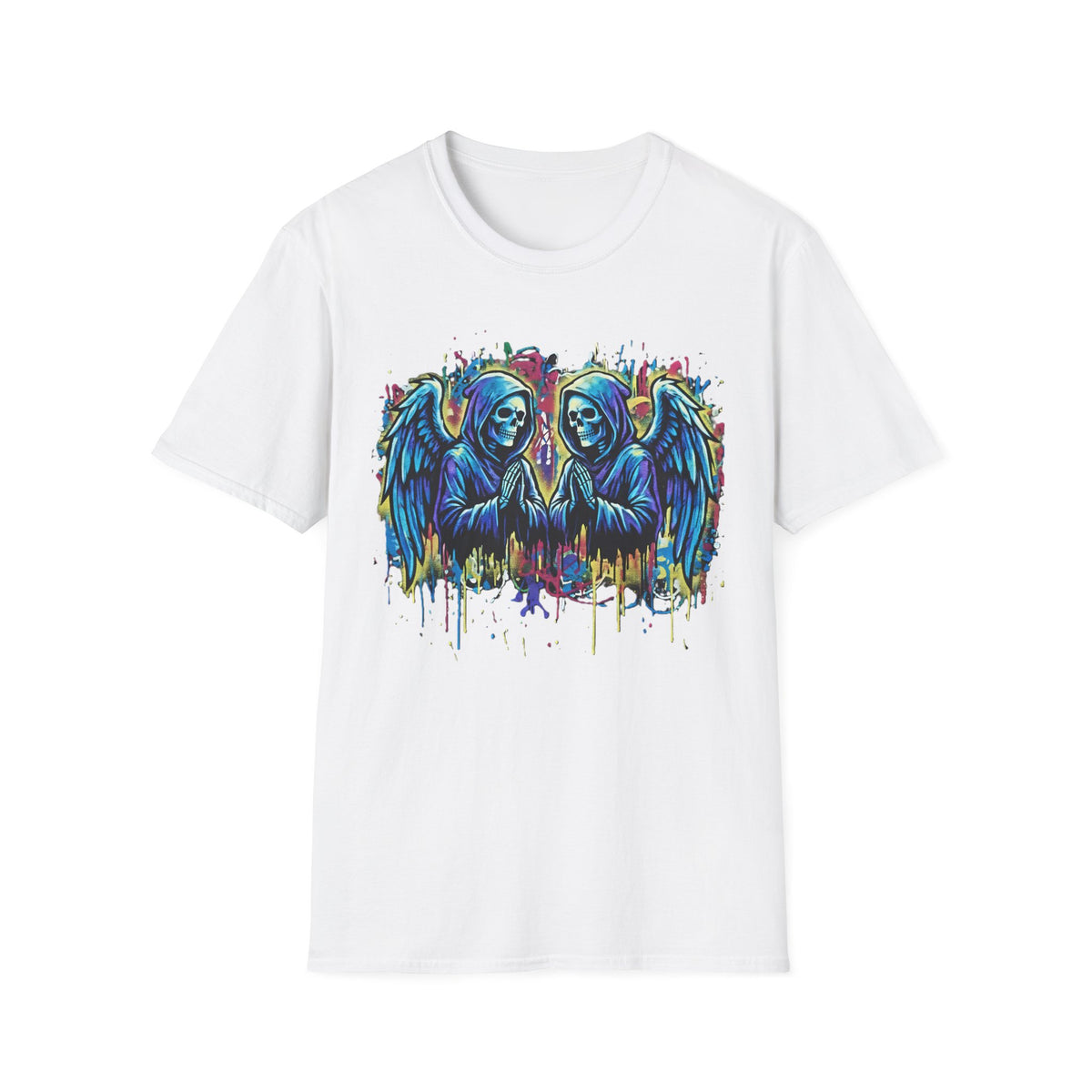 Praying Grim Reaper Graphic Tee | Colorful Paint Drip Twin Skulls T-Shirt | Gothic Graffiti Streetwear | Dark Aesthetic Angel Wings Shirt