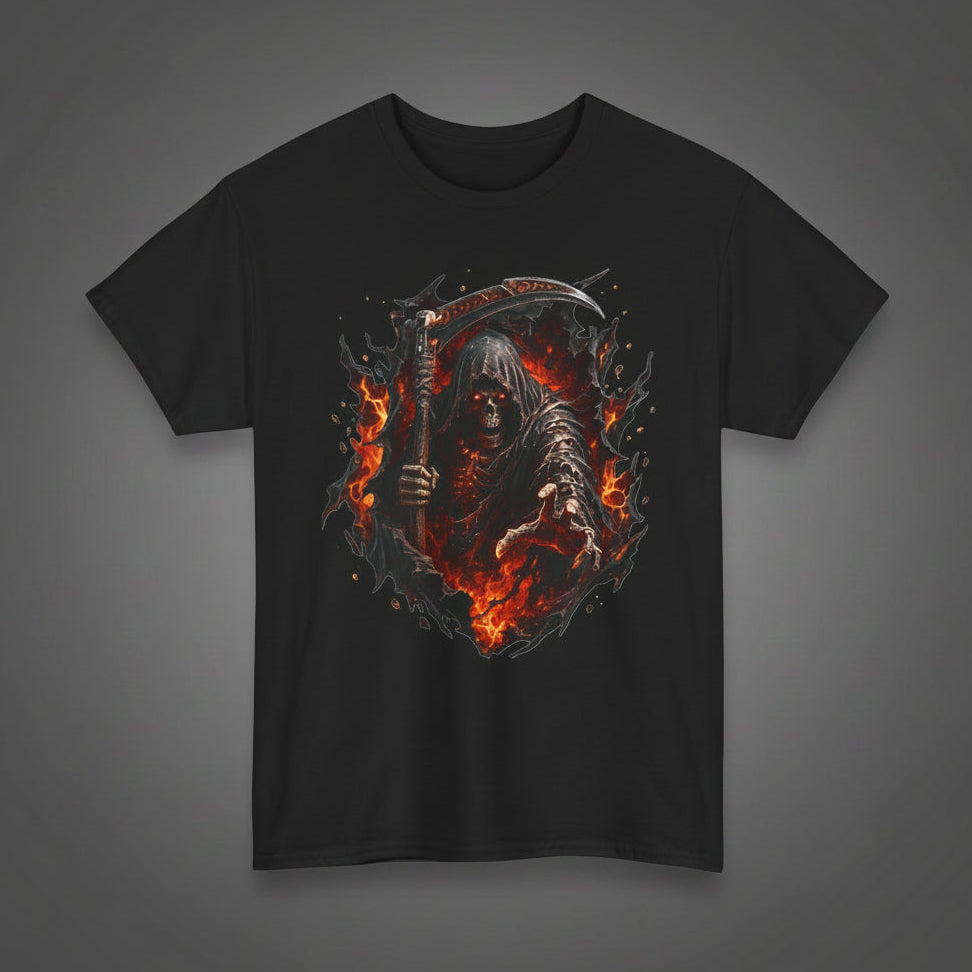 Fiery Grim Reaper Scythe T-Shirt | Gothic Skull Graphic Tee