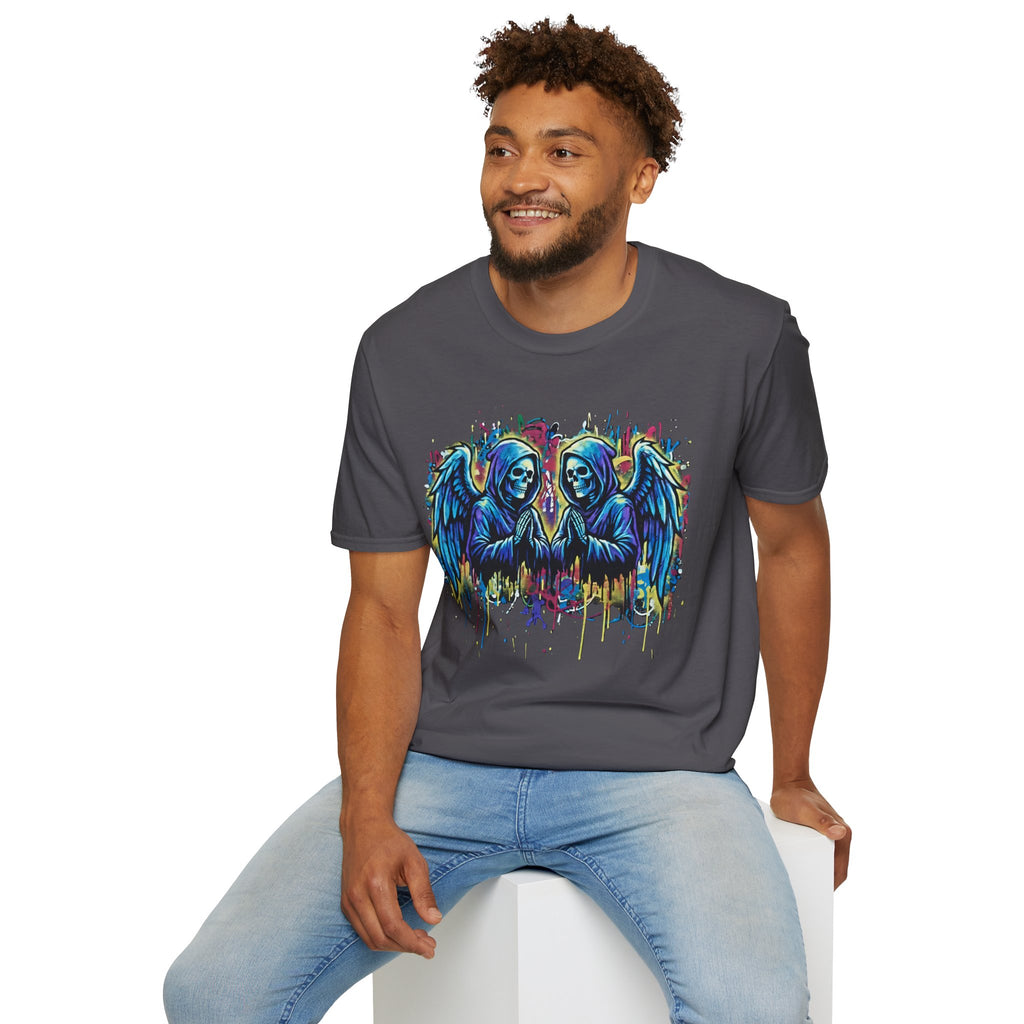 Praying Grim Reaper Graphic Tee | Colorful Paint Drip Twin Skulls T-Shirt | Gothic Graffiti Streetwear | Dark Aesthetic Angel Wings Shirt