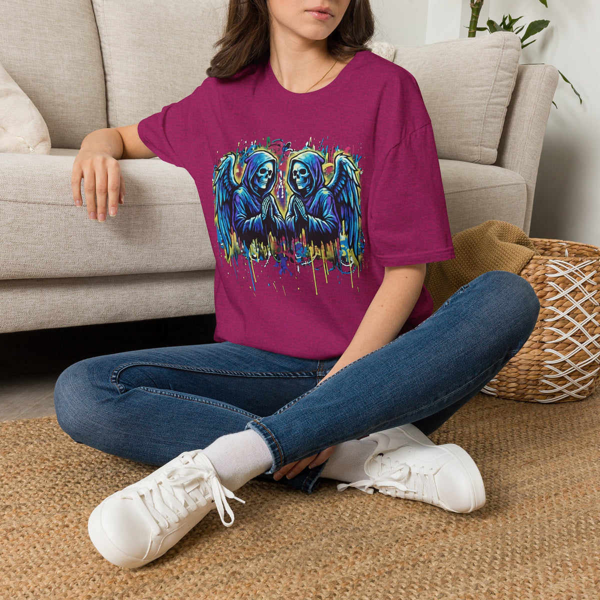 Praying Grim Reaper Graphic Tee | Colorful Paint Drip Twin Skulls T-Shirt | Gothic Graffiti Streetwear | Dark Aesthetic Angel Wings Shirt
