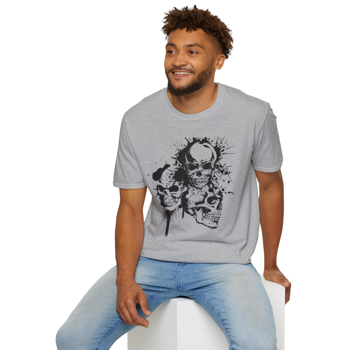 Three Skulls Splatter Graphic T-Shirt | Dark Art Gothic Skull Unisex Tee | Graffiti Art Shirt