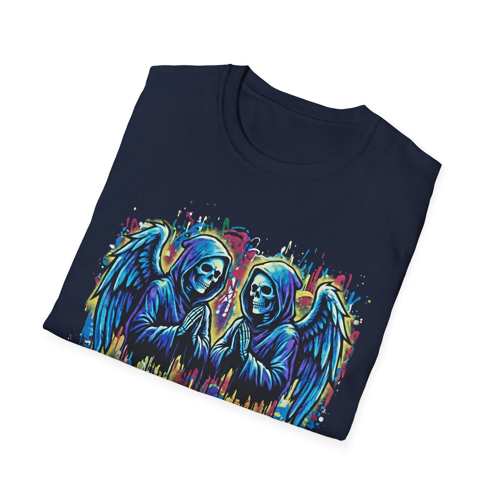 Praying Grim Reaper Graphic Tee | Colorful Paint Drip Twin Skulls T-Shirt | Gothic Graffiti Streetwear | Dark Aesthetic Angel Wings Shirt