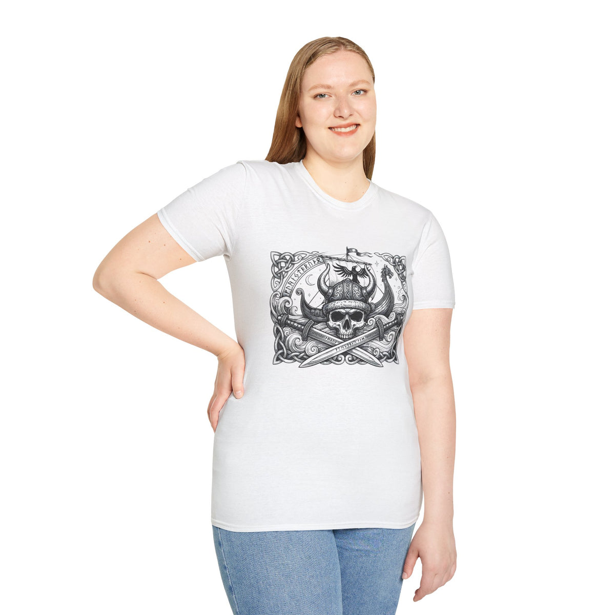 Viking Skull & Longship Graphic Tee | Norse Runes Crossed Swords T-Shirt |Vintage Worn Design Shirt