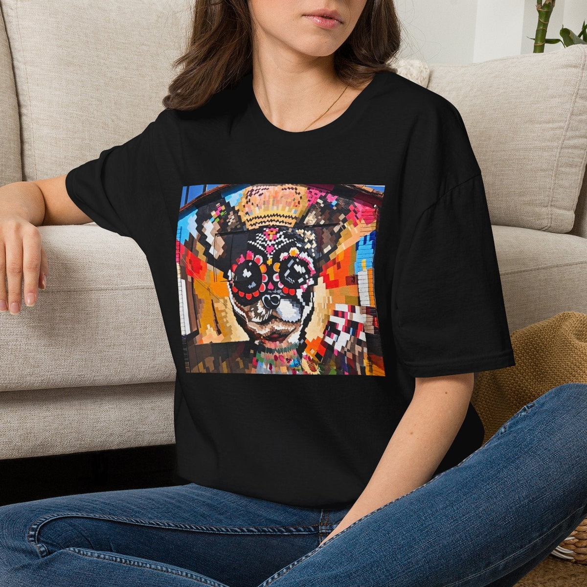 Dia de los Muertos Chihuahua Mural T-Shirt | Sugar Skull Dog Graphic Tee