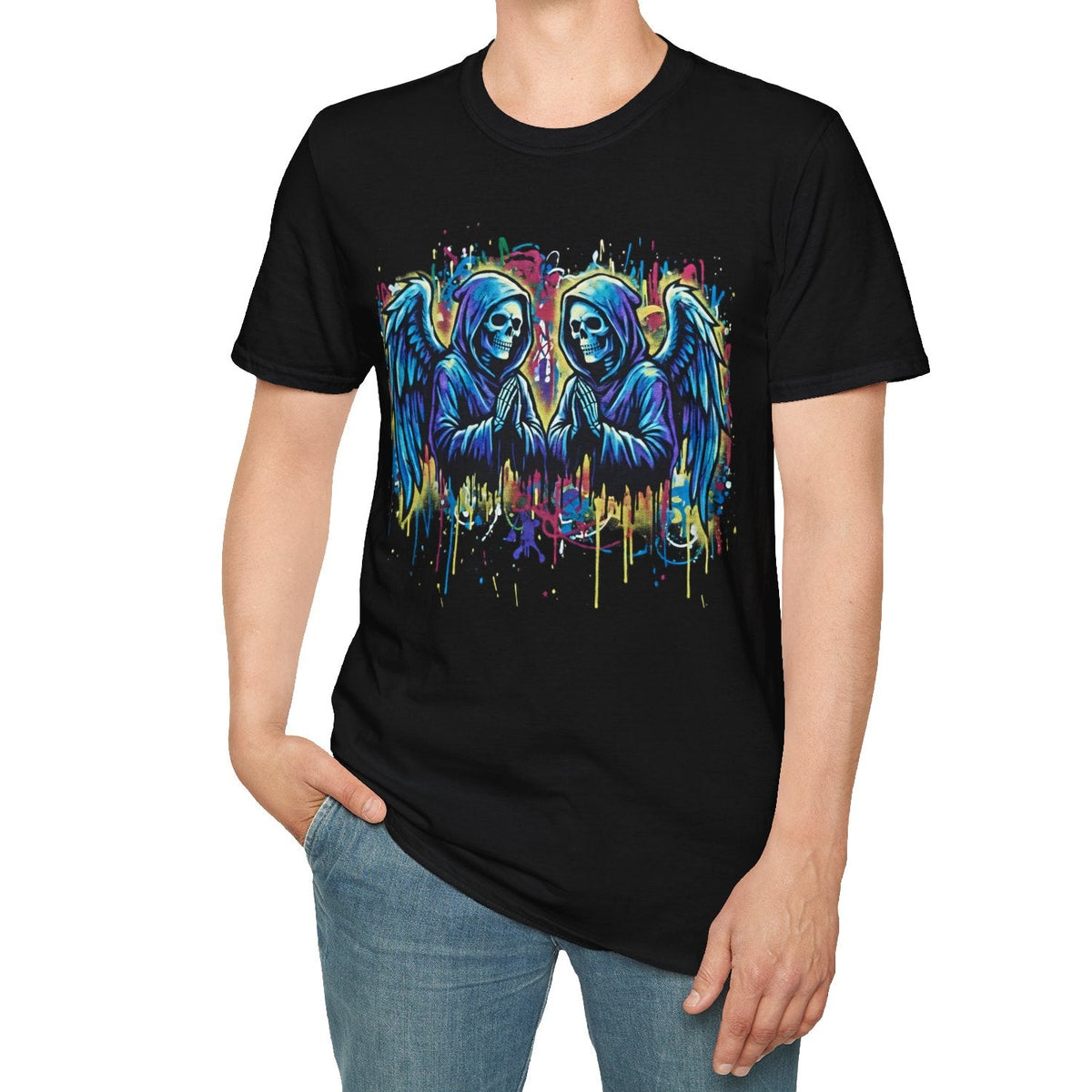 Praying Grim Reaper Graphic Tee | Colorful Paint Drip Twin Skulls T-Shirt | Gothic Graffiti Streetwear | Dark Aesthetic Angel Wings Shirt