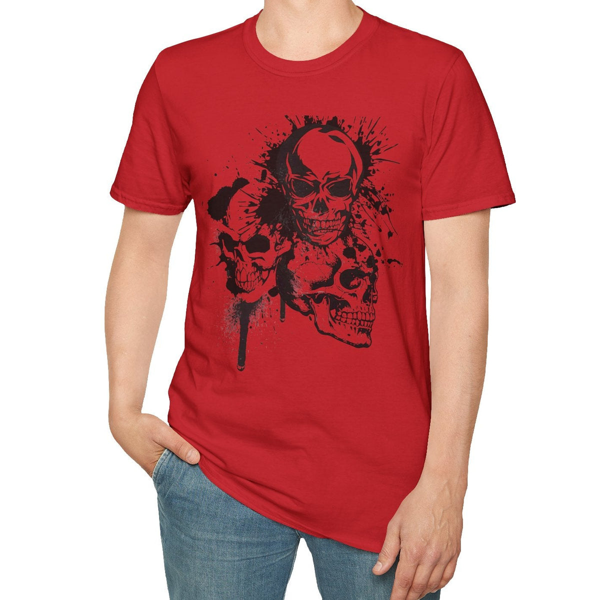 Three Skulls Splatter Graphic T-Shirt | Dark Art Gothic Skull Unisex Tee | Graffiti Art Shirt