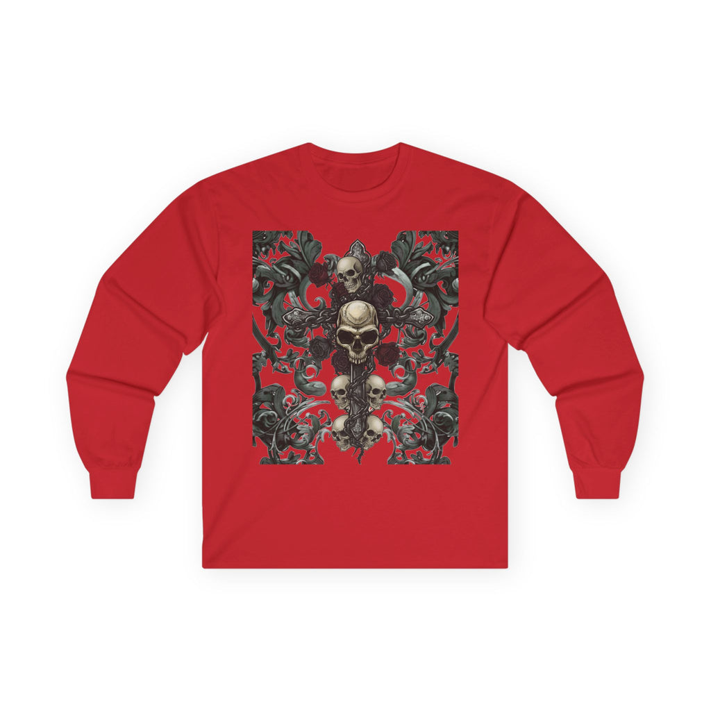 Gothic Skull Cross Long Sleeve T-Shirt | Dark Floral filigree & Skull Graphic Tee | Vintage Goth Streetwear