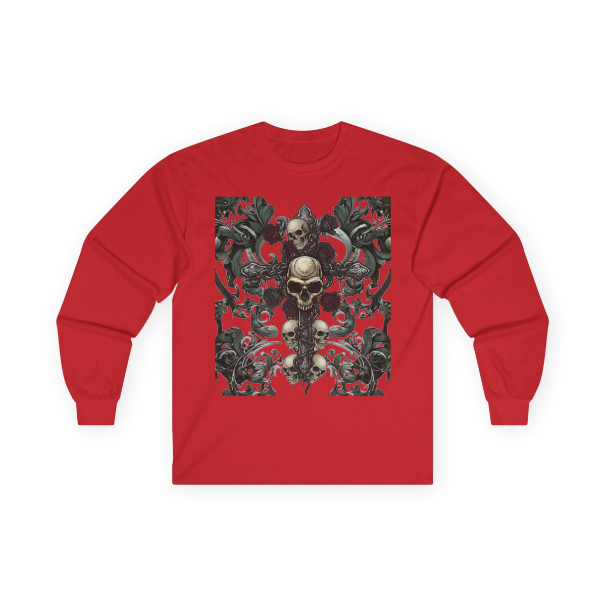 Gothic Skull Cross Long Sleeve T-Shirt | Dark Floral filigree & Skull Graphic Tee | Vintage Goth Streetwear