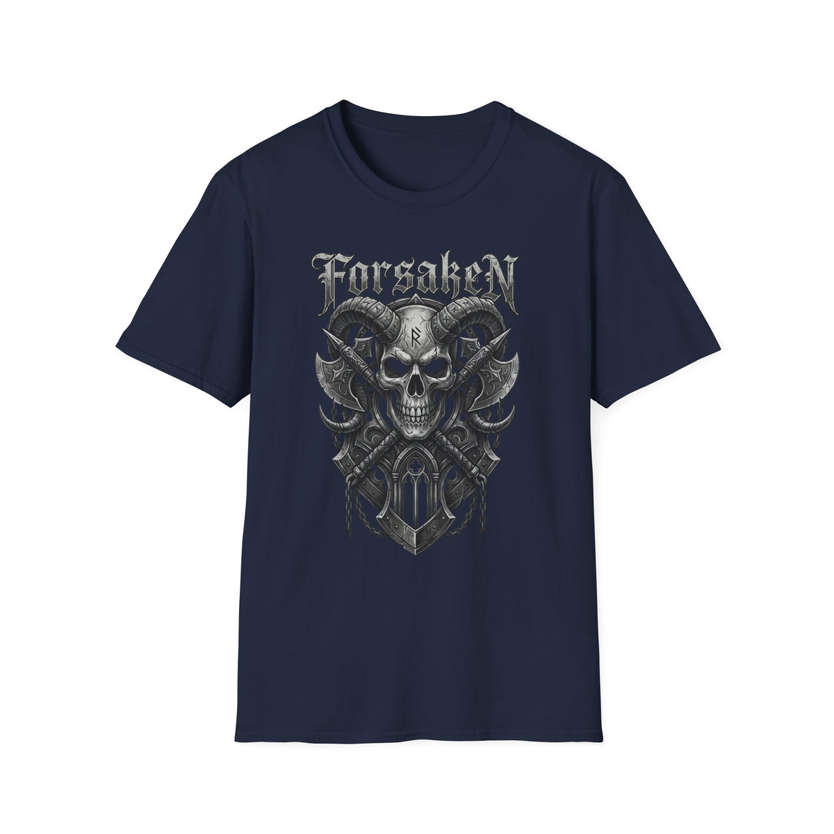 Forsaken Horned Skull Graphic Tee | Gothic Runes & Crossed Axes T-Shirt
