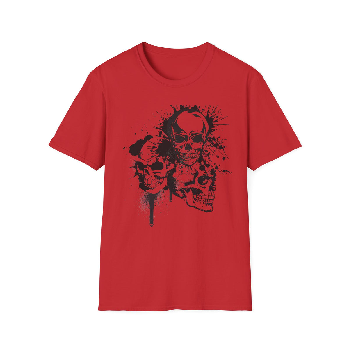 Three Skulls Splatter Graphic T-Shirt | Dark Art Gothic Skull Unisex Tee | Graffiti Art Shirt