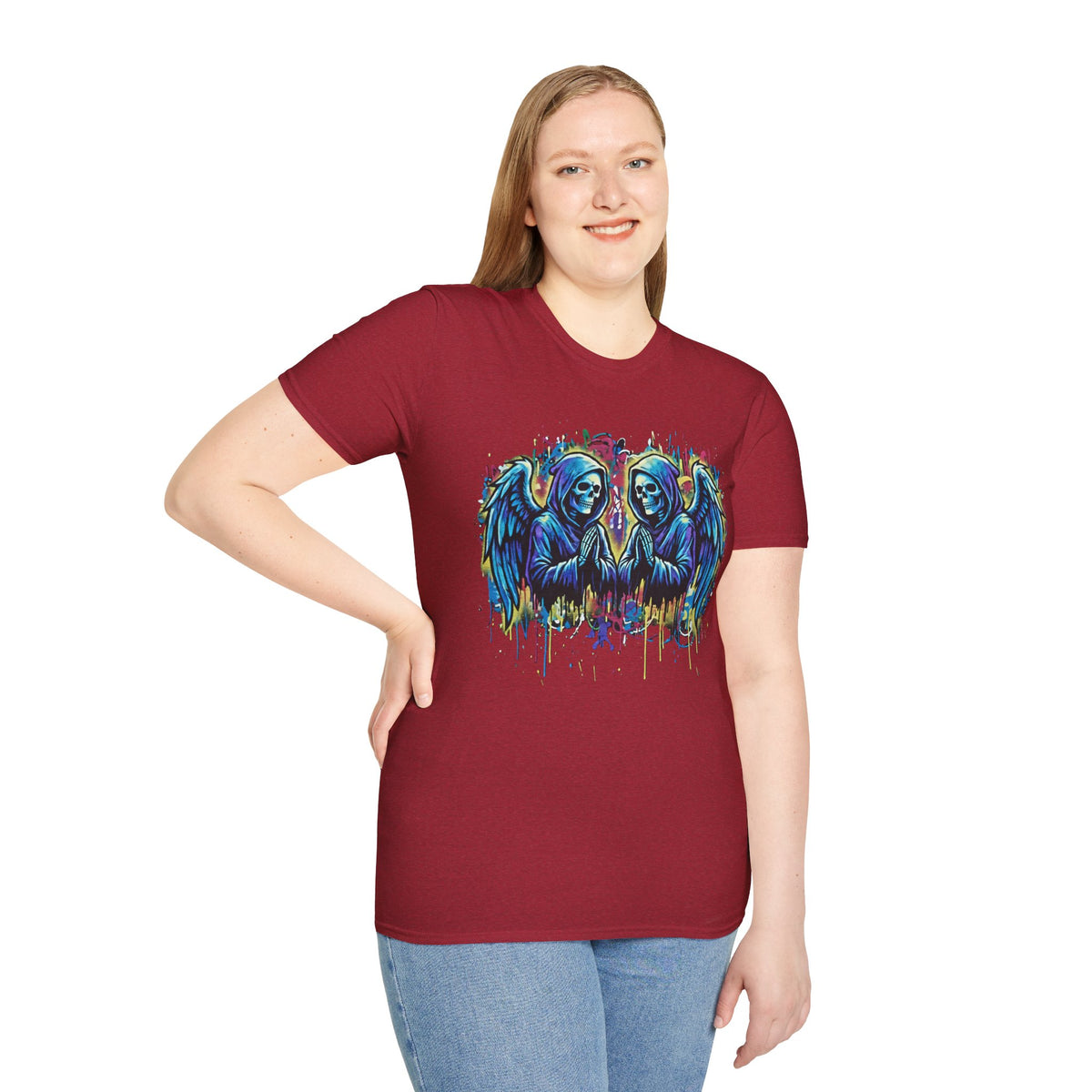 Praying Grim Reaper Graphic Tee | Colorful Paint Drip Twin Skulls T-Shirt | Gothic Graffiti Streetwear | Dark Aesthetic Angel Wings Shirt