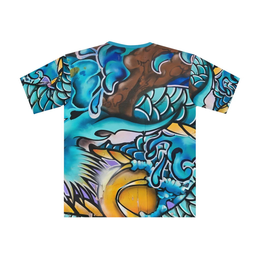 Japanese Blue Dragon Graffiti All-Over Print T-Shirt | Streetwear Graphic Tee