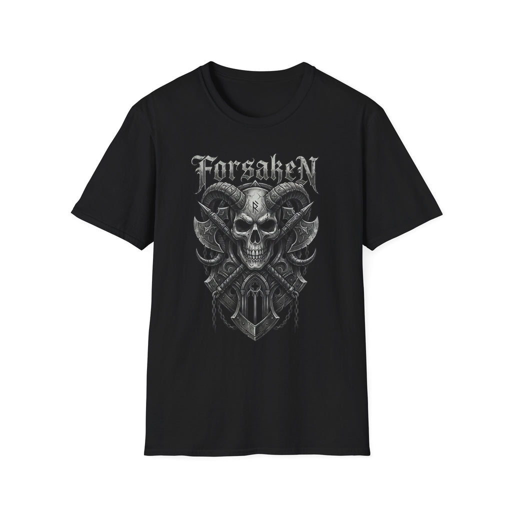 Forsaken Horned Skull Graphic Tee | Gothic Runes & Crossed Axes T-Shirt