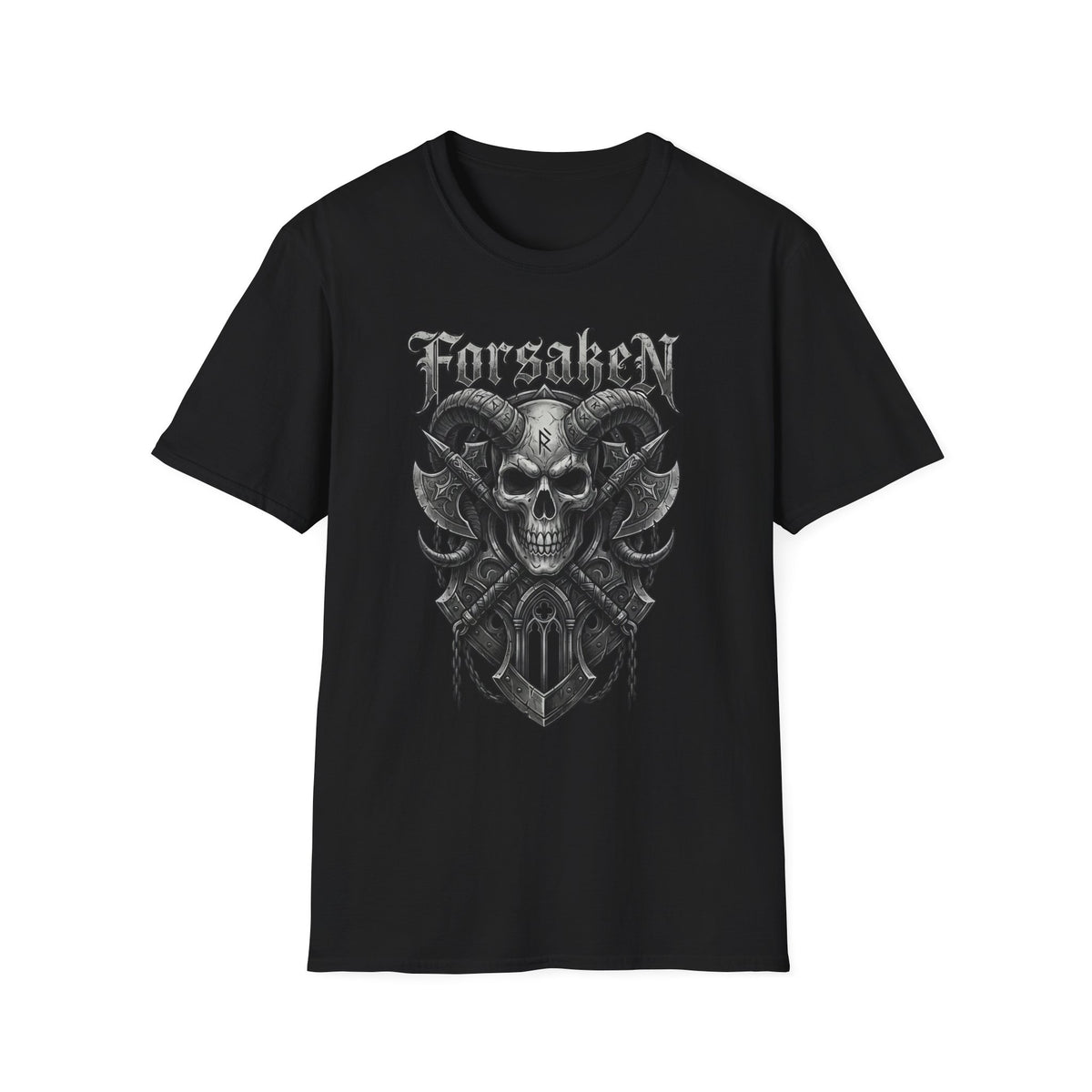 Forsaken Horned Skull Graphic Tee | Gothic Runes & Crossed Axes T-Shirt