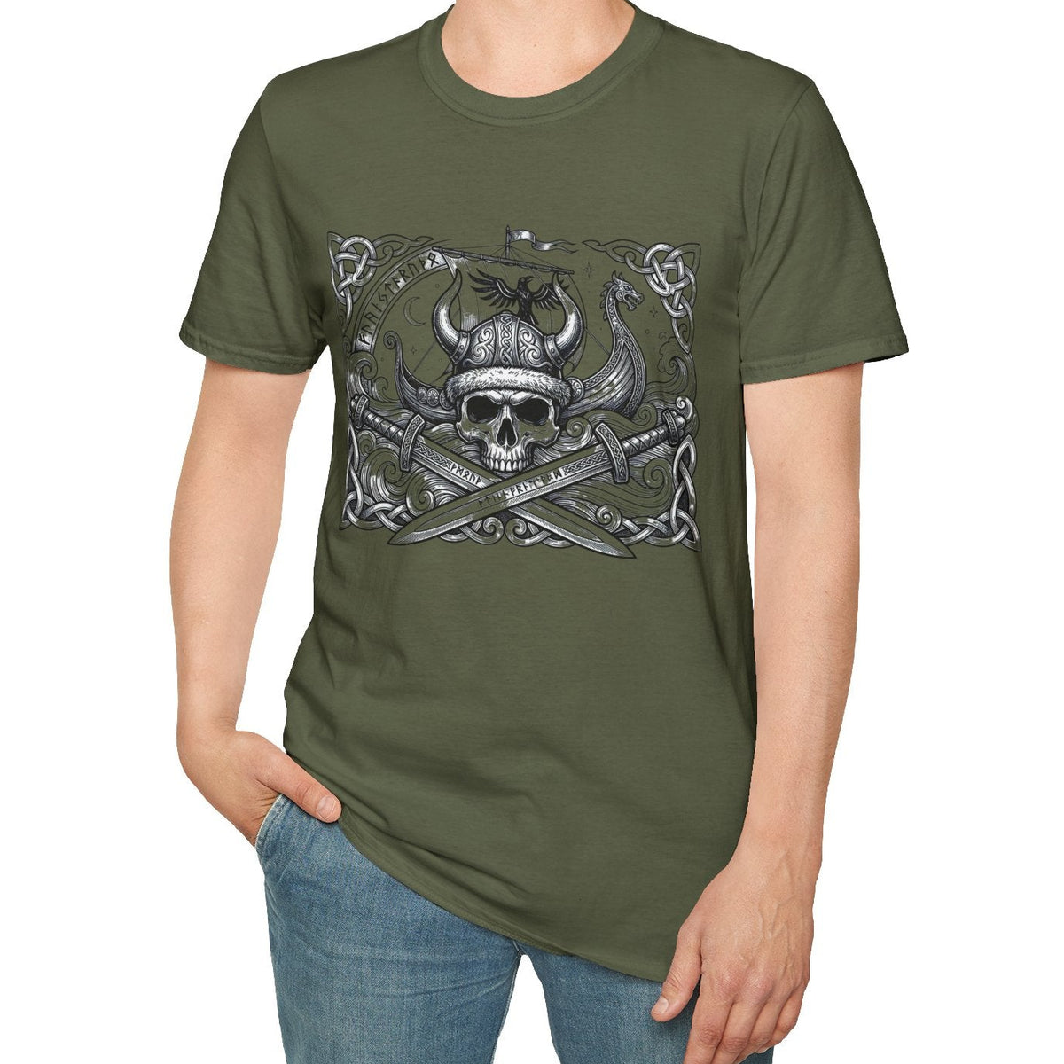 Viking Skull & Longship Graphic Tee | Norse Runes Crossed Swords T-Shirt |Vintage Worn Design Shirt