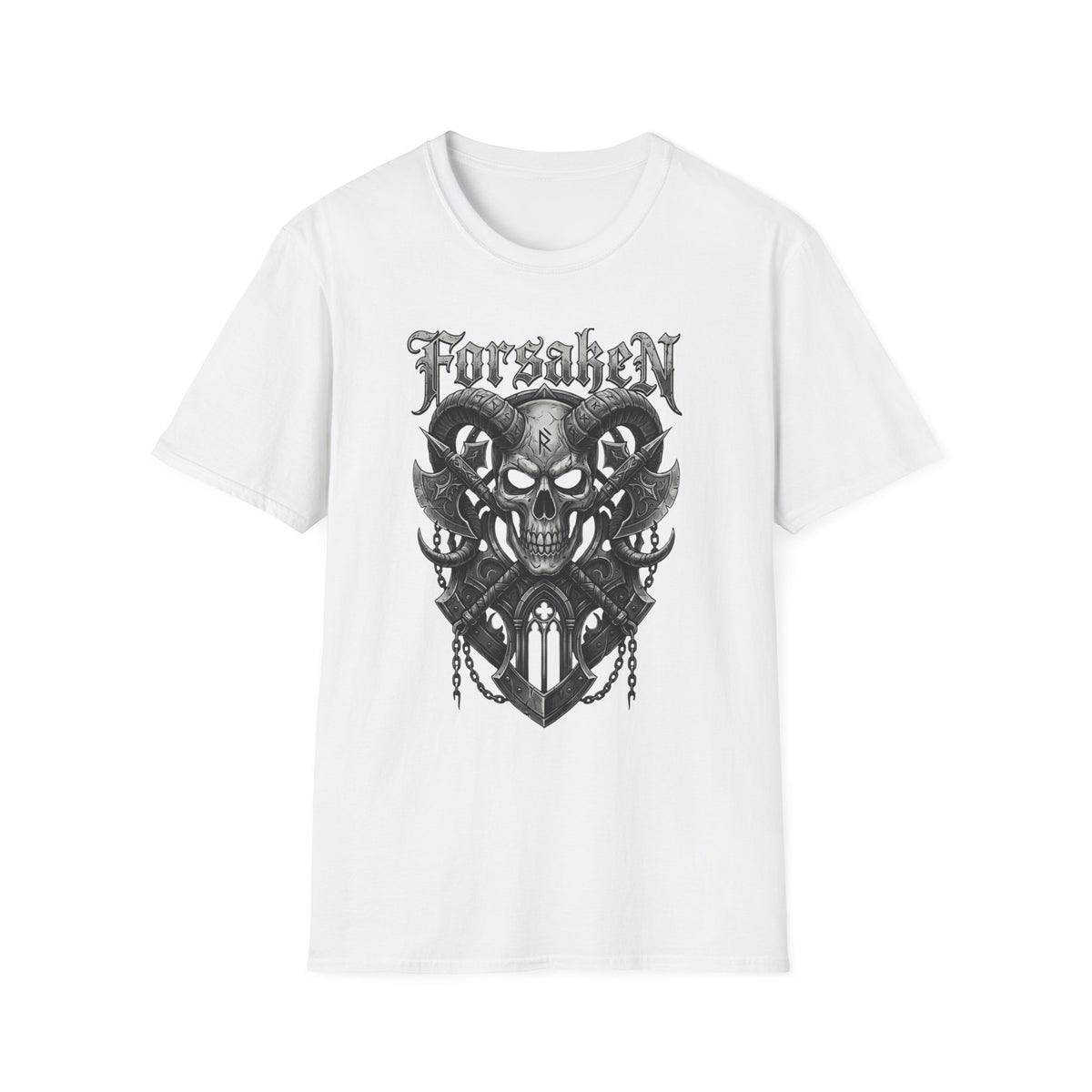 Forsaken Horned Skull Graphic Tee | Gothic Runes & Crossed Axes T-Shirt