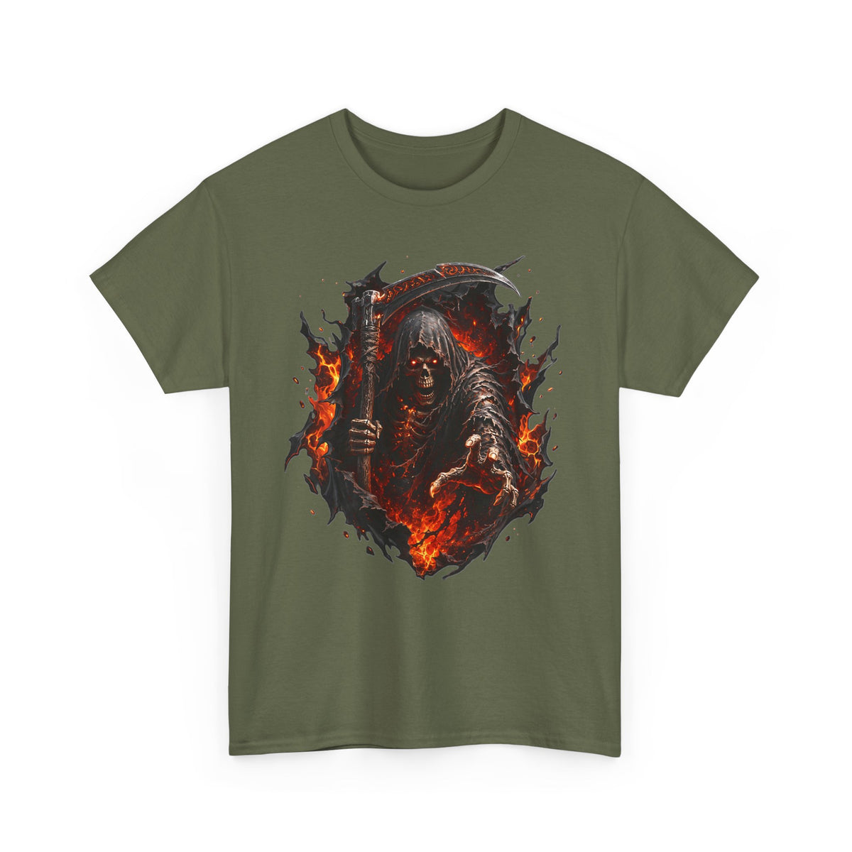 Fiery Grim Reaper Scythe T-Shirt | Gothic Skull Graphic Tee