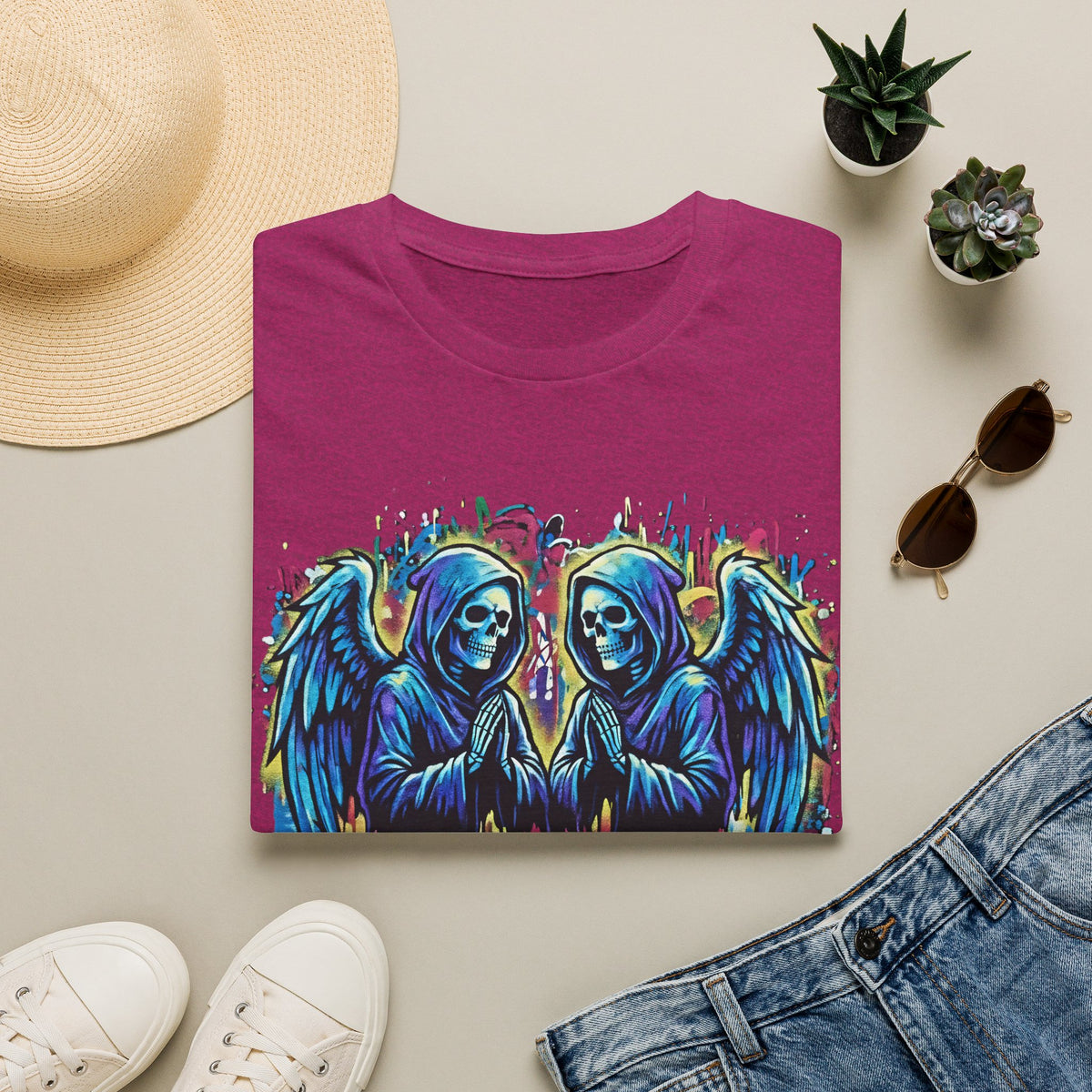 Praying Grim Reaper Graphic Tee | Colorful Paint Drip Twin Skulls T-Shirt | Gothic Graffiti Streetwear | Dark Aesthetic Angel Wings Shirt
