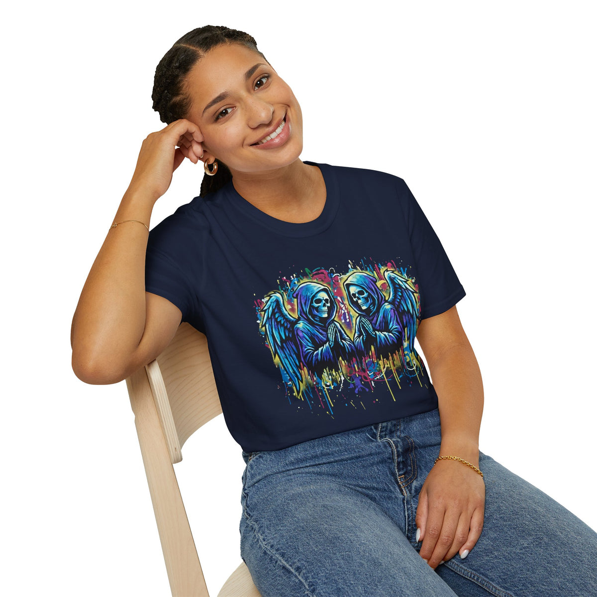 Praying Grim Reaper Graphic Tee | Colorful Paint Drip Twin Skulls T-Shirt | Gothic Graffiti Streetwear | Dark Aesthetic Angel Wings Shirt