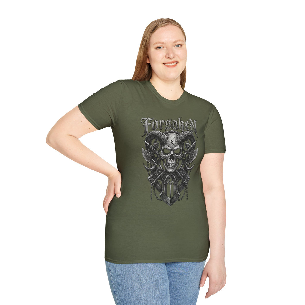 Forsaken Horned Skull Graphic Tee | Gothic Runes & Crossed Axes T-Shirt