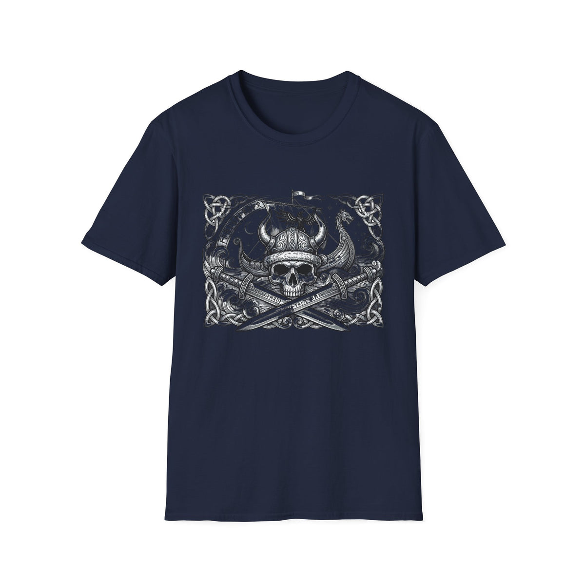 Viking Skull & Longship Graphic Tee | Norse Runes Crossed Swords T-Shirt |Vintage Worn Design Shirt