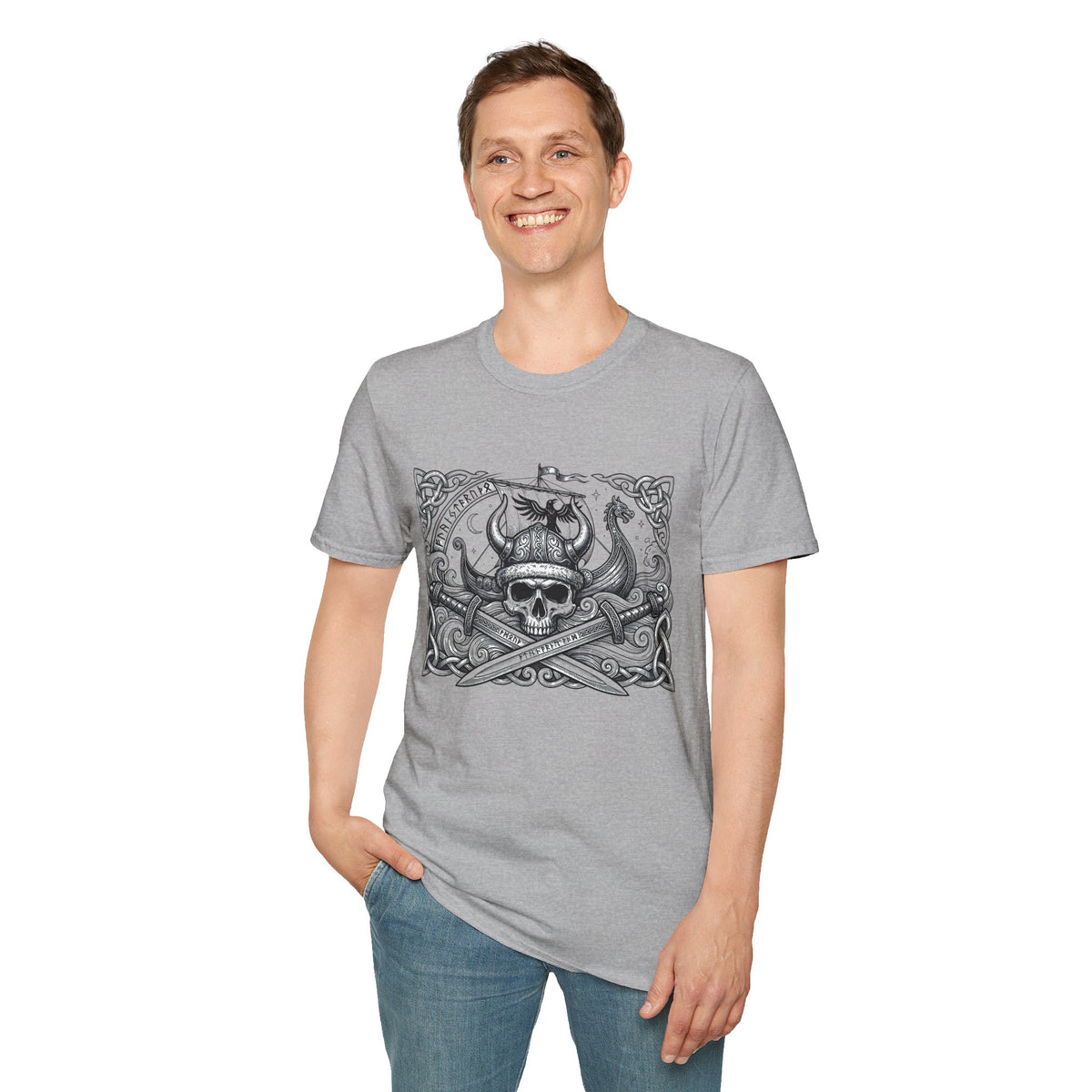 Viking Skull & Longship Graphic Tee | Norse Runes Crossed Swords T-Shirt |Vintage Worn Design Shirt