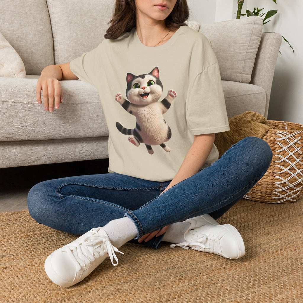 Jumping Cat Graphic Tee | Cute Chubby Tabby Kitten T-Shirt | 3D Animated Kitty Shirt | Whimsical Pet Lover Gift Apparel