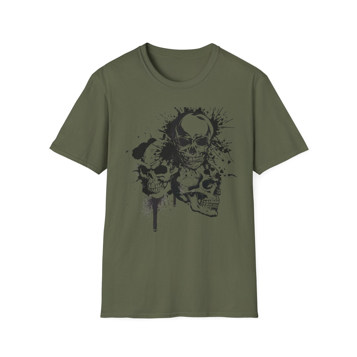 Three Skulls Splatter Graphic T-Shirt | Dark Art Gothic Skull Unisex Tee | Graffiti Art Shirt