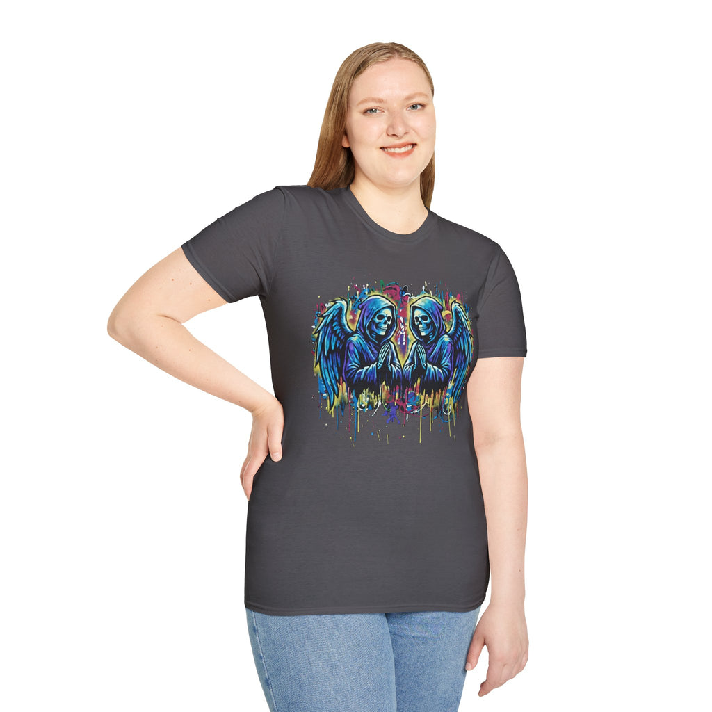 Praying Grim Reaper Graphic Tee | Colorful Paint Drip Twin Skulls T-Shirt | Gothic Graffiti Streetwear | Dark Aesthetic Angel Wings Shirt