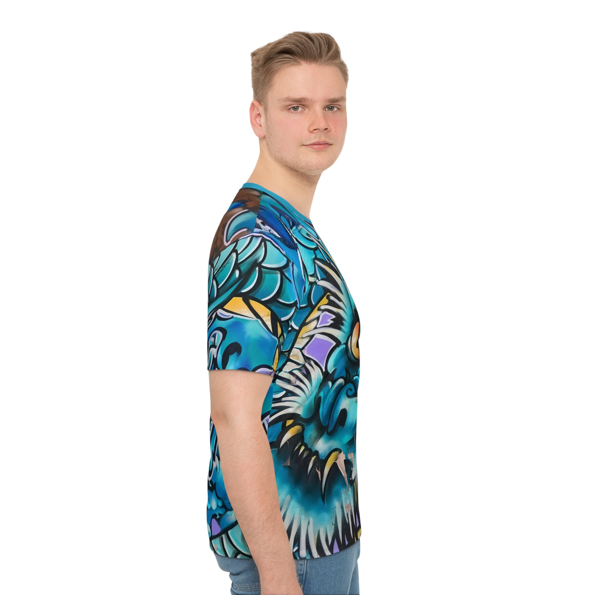 Japanese Blue Dragon Graffiti All-Over Print T-Shirt | Streetwear Graphic Tee