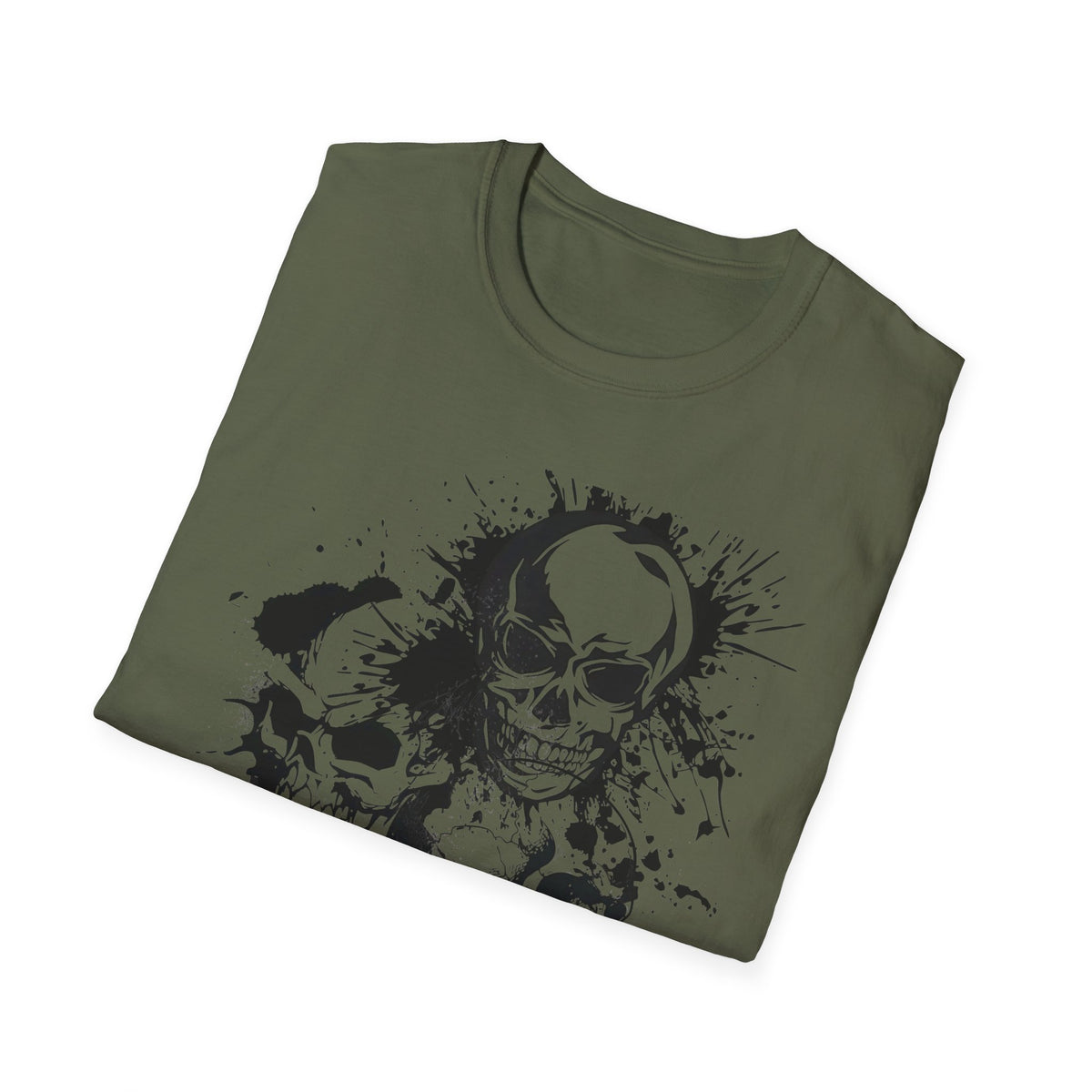 Three Skulls Splatter Graphic T-Shirt | Dark Art Gothic Skull Unisex Tee | Graffiti Art Shirt