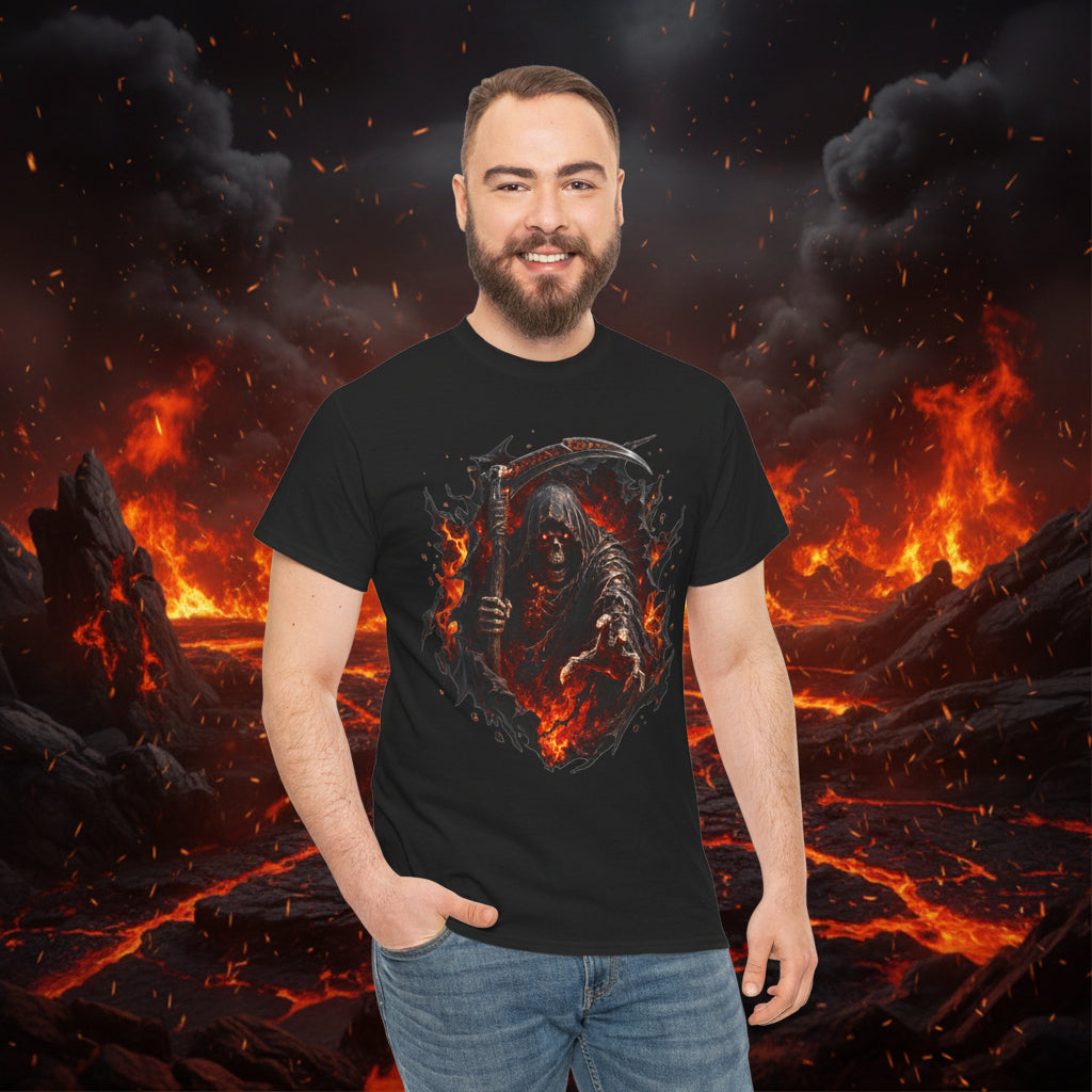 Fiery Grim Reaper Scythe T-Shirt | Gothic Skull Graphic Tee