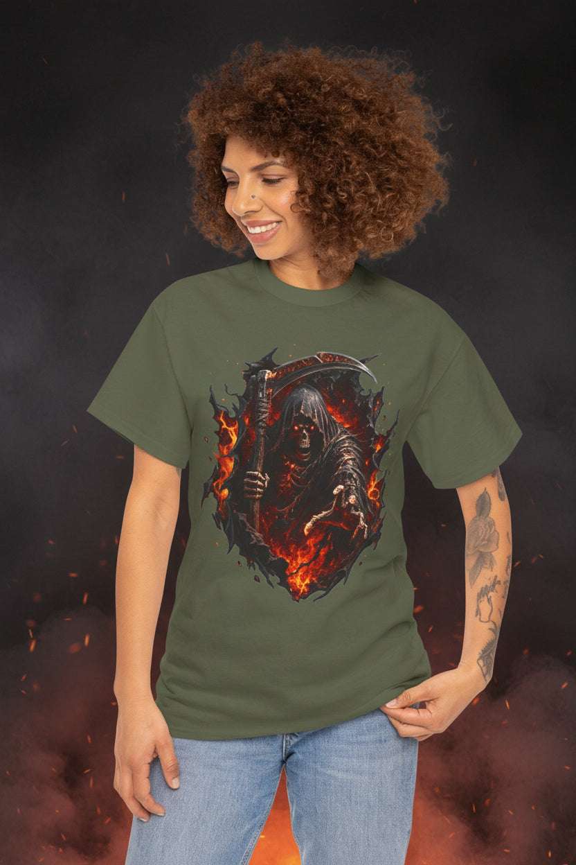Fiery Grim Reaper Scythe T-Shirt | Gothic Skull Graphic Tee