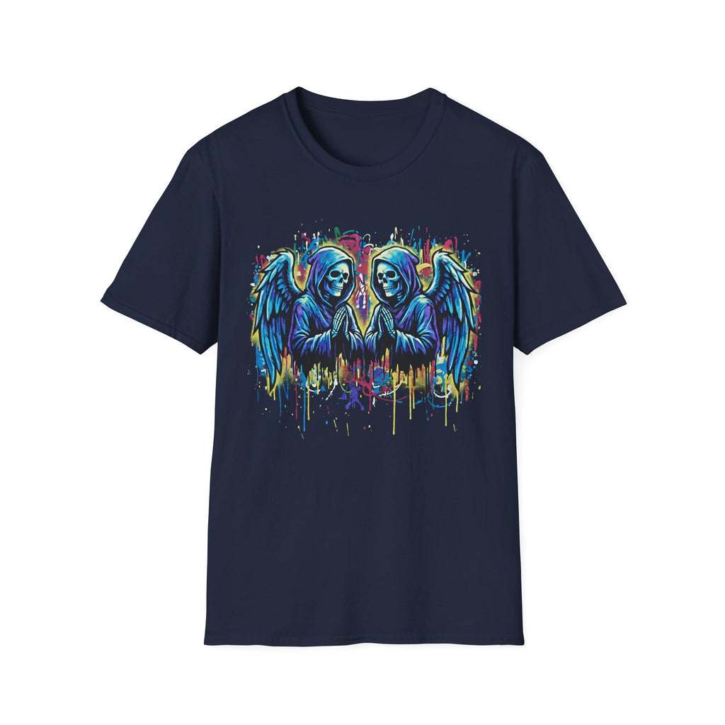 Praying Grim Reaper Graphic Tee | Colorful Paint Drip Twin Skulls T-Shirt | Gothic Graffiti Streetwear | Dark Aesthetic Angel Wings Shirt