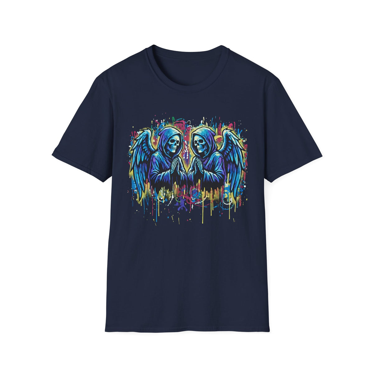 Praying Grim Reaper Graphic Tee | Colorful Paint Drip Twin Skulls T-Shirt | Gothic Graffiti Streetwear | Dark Aesthetic Angel Wings Shirt