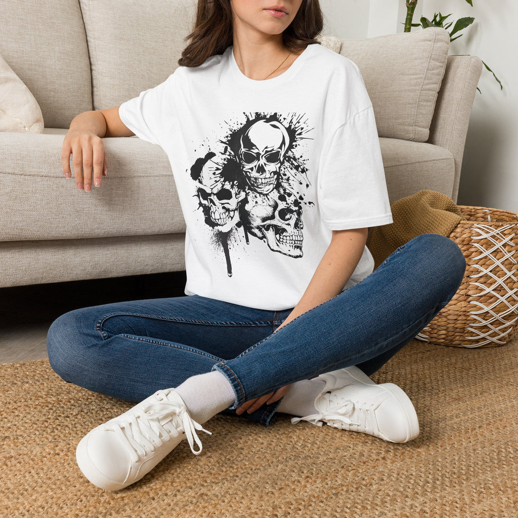 Three Skulls Splatter Graphic T-Shirt | Dark Art Gothic Skull Unisex Tee | Graffiti Art Shirt