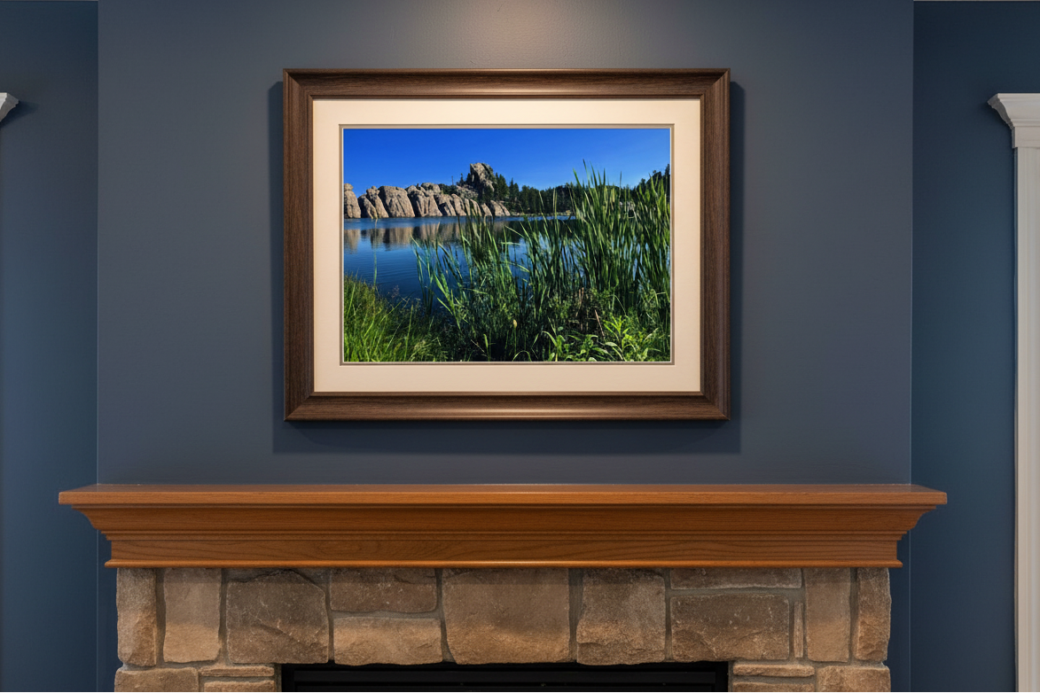 Fine art landscape photo print of granite rock formations and green reeds at Sylvan Lake in Custer State Park, South Dakota.
