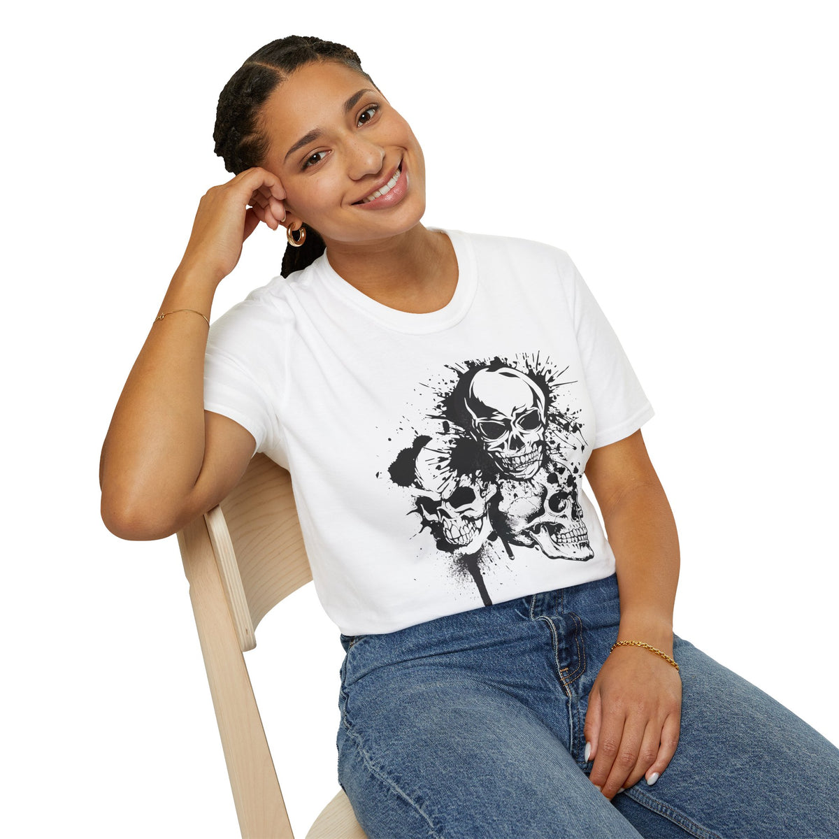 Three Skulls Splatter Graphic T-Shirt | Dark Art Gothic Skull Unisex Tee | Graffiti Art Shirt