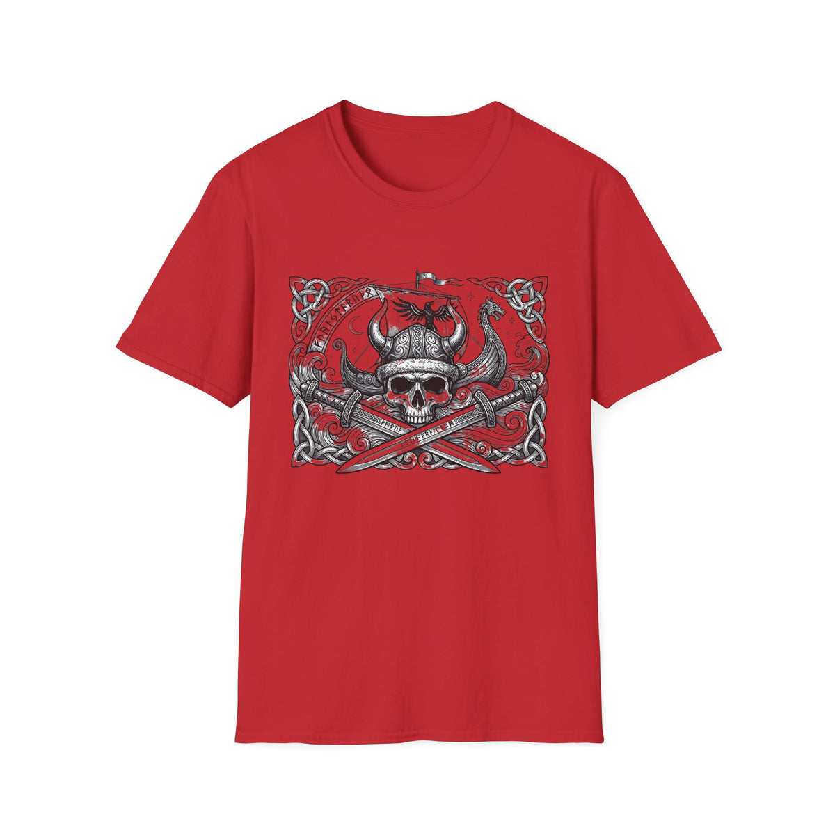 Viking Skull & Longship Graphic Tee | Norse Runes Crossed Swords T-Shirt |Vintage Worn Design Shirt
