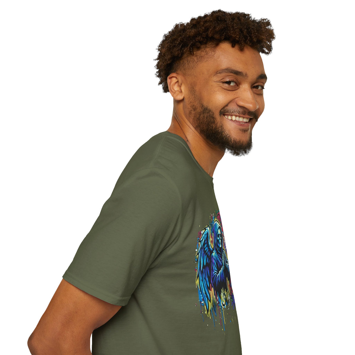 Praying Grim Reaper Graphic Tee | Colorful Paint Drip Twin Skulls T-Shirt | Gothic Graffiti Streetwear | Dark Aesthetic Angel Wings Shirt