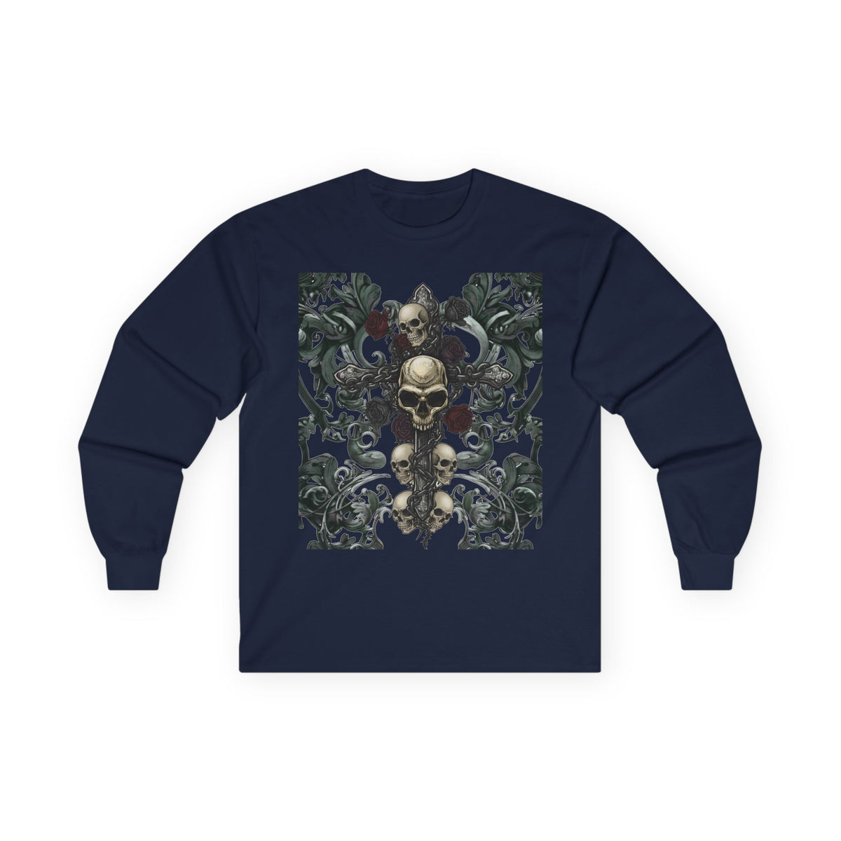 Gothic Skull Cross Long Sleeve T-Shirt | Dark Floral filigree & Skull Graphic Tee | Vintage Goth Streetwear