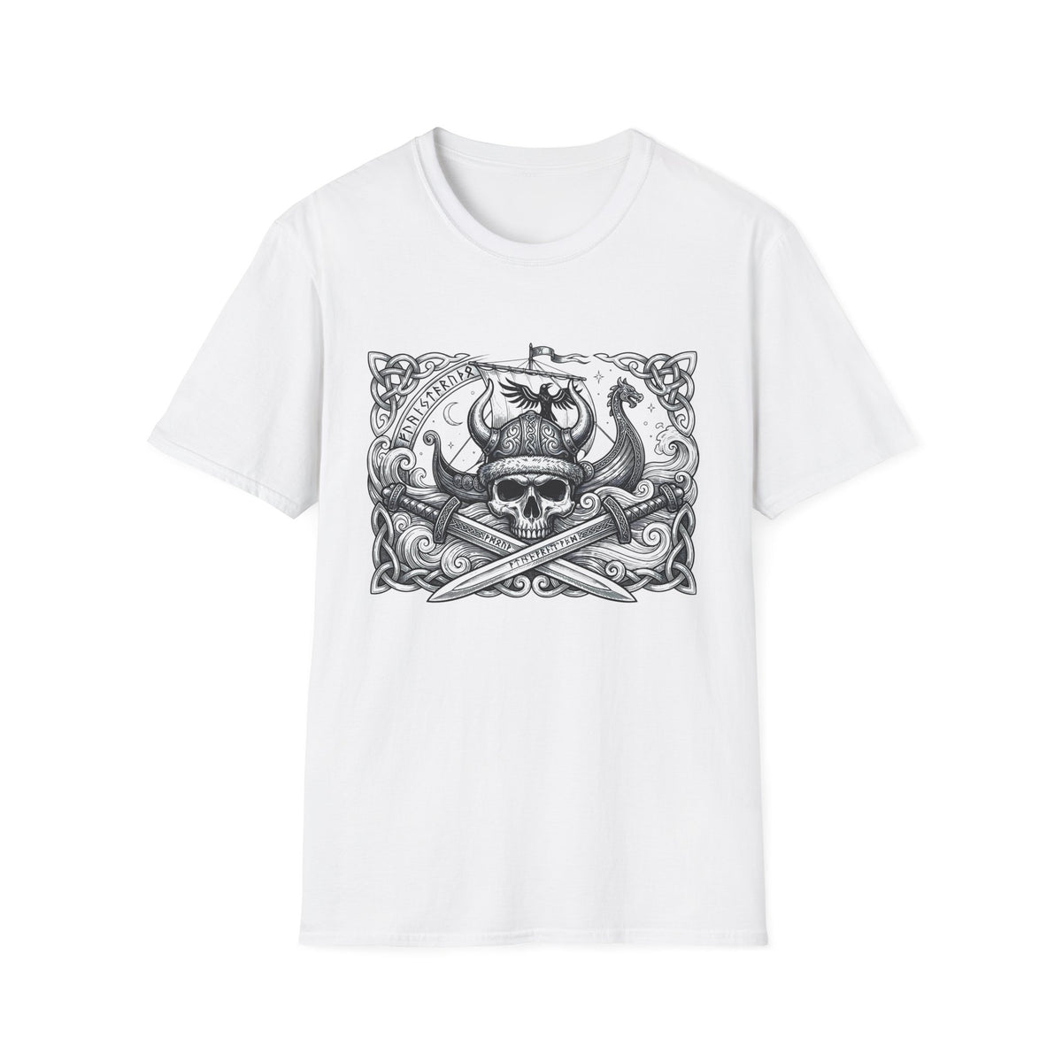 Viking Skull & Longship Graphic Tee | Norse Runes Crossed Swords T-Shirt |Vintage Worn Design Shirt