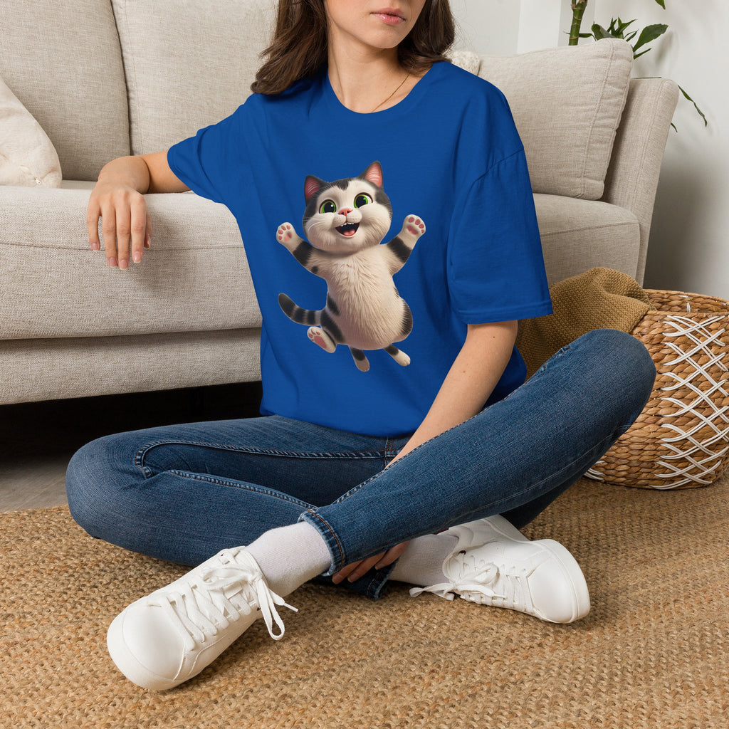Jumping Cat Graphic Tee | Cute Chubby Tabby Kitten T-Shirt | 3D Animated Kitty Shirt | Whimsical Pet Lover Gift Apparel