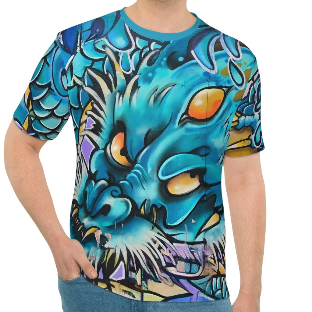 Japanese Blue Dragon Graffiti All-Over Print T-Shirt | Streetwear Graphic Tee