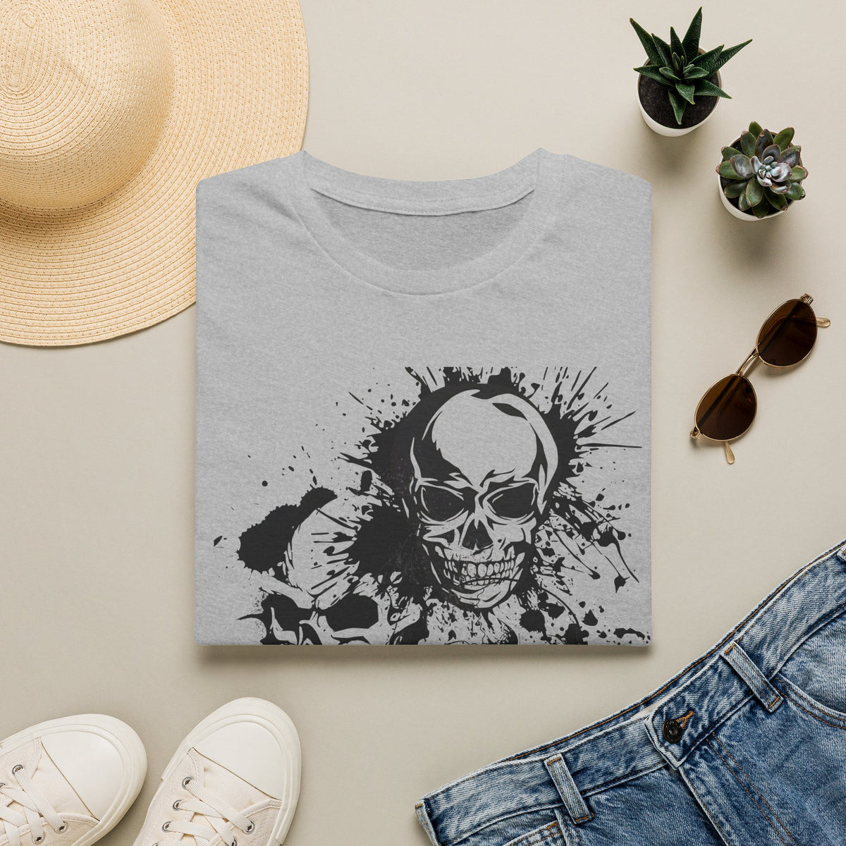 Three Skulls Splatter Graphic T-Shirt | Dark Art Gothic Skull Unisex Tee | Graffiti Art Shirt