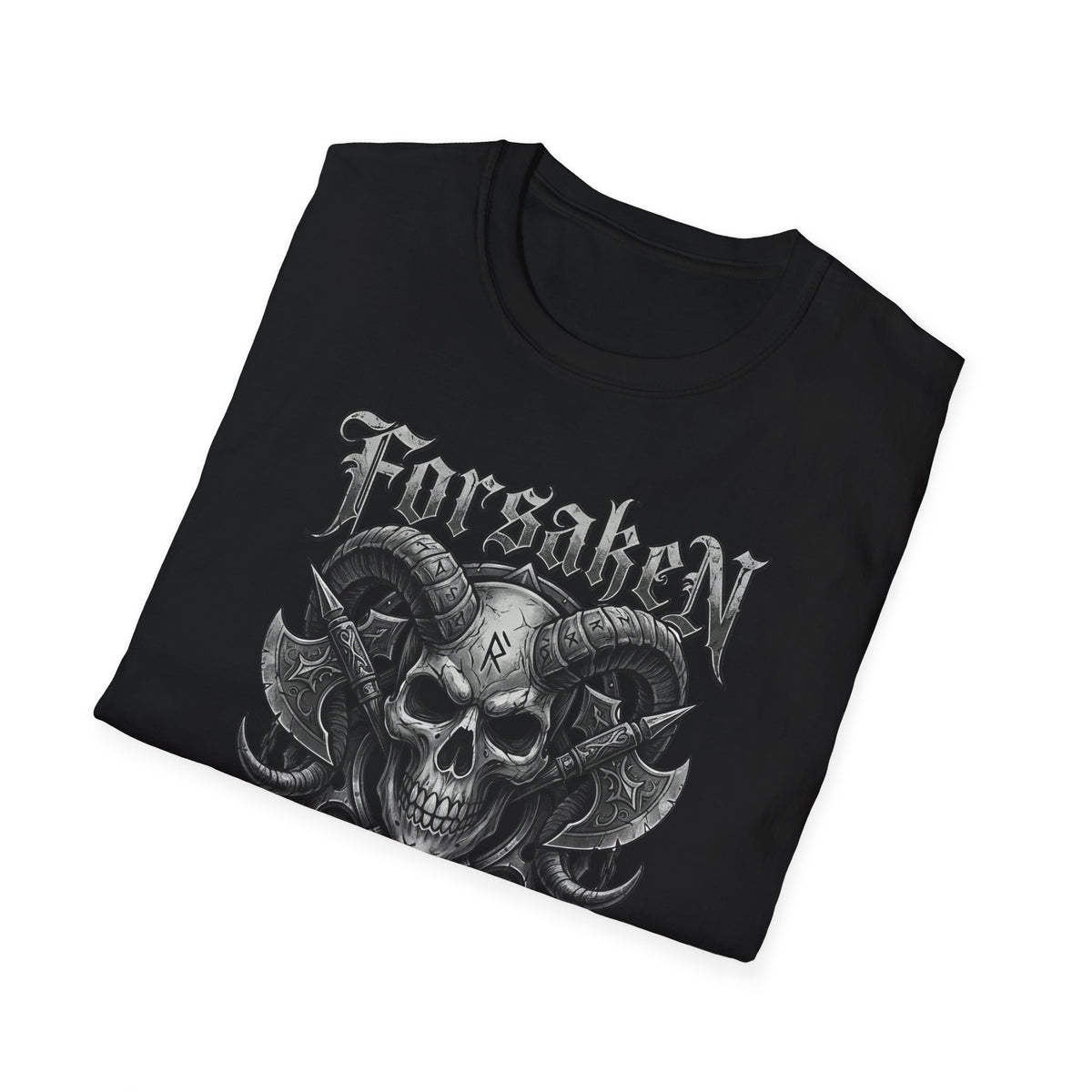 Forsaken Horned Skull Graphic Tee | Gothic Runes & Crossed Axes T-Shirt