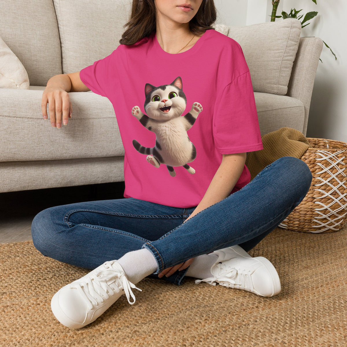 Jumping Cat Graphic Tee | Cute Chubby Tabby Kitten T-Shirt | 3D Animated Kitty Shirt | Whimsical Pet Lover Gift Apparel
