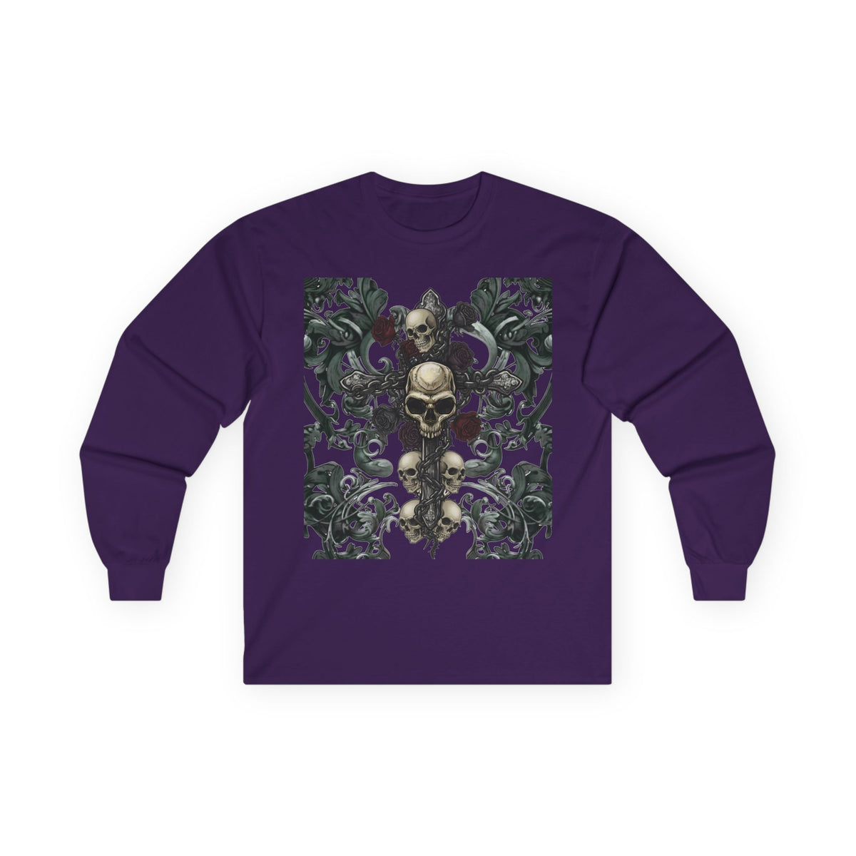 Gothic Skull Cross Long Sleeve T-Shirt | Dark Floral filigree & Skull Graphic Tee | Vintage Goth Streetwear