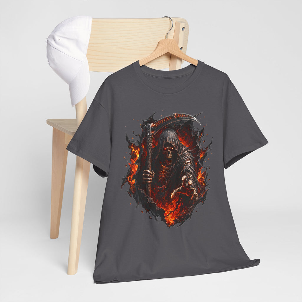 Fiery Grim Reaper Scythe T-Shirt | Gothic Skull Graphic Tee